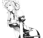  bare_shoulders breasts choker cleavage cowboy_shot dress elbow_gloves gloves greyscale hat large_breasts leaning_forward lips lipstick long_hair makeup monochrome realistic ribbon ribbon_choker slender solo sousou_(sousouworks) touhou yakumo_yukari 