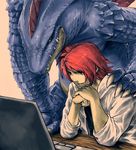  agakunoda alternate_costume arm_support computer feraligatr gen_2_pokemon hand_on_another's_shoulder hand_on_shoulder labcoat laptop long_sleeves male_focus older own_hands_together parted_lips pokemon pokemon_(creature) pokemon_(game) pokemon_gsc realistic red_eyes red_hair scales shirt silver_(pokemon) simple_background smile upper_body 