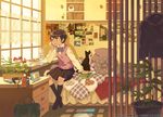  bed bedroom bf._(sogogiching) breakfast brown_eyes brown_hair cameo camera cat chin_rest cup day eating eureka_seven eureka_seven_(series) gulliver indoors morning original photo_(object) pillow plant potted_plant room school_uniform sitting solo yawning 