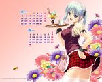  2007 april bag calendar_(medium) cup earrings fang flower food ice_cream jewelry koutaro march miniskirt non-web_source original plaid pocky skirt solo teacup thighhighs tray twintails waitress wallpaper white_legwear wrist_cuffs zettai_ryouiki 