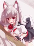  animal_ears azur_lane black_skirt blush breasts commentary_request crop_top fang multicolored multicolored_nails nail_polish pink_nails pleated_skirt red_nails short_eyebrows skirt tail thick_eyebrows underboob wolf_ears wolf_tail yuudachi_(azur_lane) 
