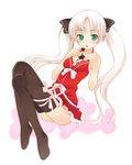  black_legwear breasts chocolate cleavage dress green_eyes halterneck kurasuke long_hair original ribbon small_breasts solo thighhighs twintails valentine white_hair zettai_ryouiki 