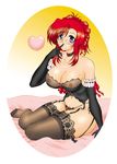  artist_request black_panties breasts cleavage elbow_gloves finger_to_mouth glasses gloves heart kazami_mizuho large_breasts lingerie looking_at_viewer nipples onegai_teacher panties pince-nez purple_eyes red_hair ribbon side-tie_panties solo thighhighs underwear 