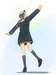  coat ikeda_jun_(mizutamari) kneehighs looking_up original outstretched_arms reaching skirt smile socks solo spread_arms standing standing_on_one_leg 