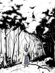  forest fox_tail greyscale hands_in_opposite_sleeves hat kajiki long_sleeves looking_at_viewer monochrome multiple_tails nature pillow_hat plant shoes short_hair solo standing tabard tail touhou wide_sleeves yakumo_ran 