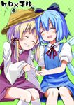  blue_hair bow cirno frog gochou_(atemonai_heya) hat moriya_suwako multiple_girls ribbon smile touhou 