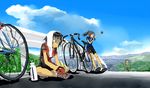  bicycle bike_shorts city cityscape clothes_writing cloud day ground_vehicle keisan legs mountain multiple_girls original outdoors ponytail railing road sky sportswear sweat towel 