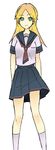  blonde_hair blue_eyes blue_skirt collarbone collared_shirt hinoeya_kiuri kimura_kaere kneehighs long_hair looking_at_viewer pleated_skirt sayonara_zetsubou_sensei school_uniform shirt simple_background skirt solo white_background white_legwear white_shirt 