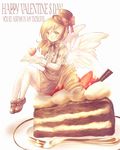  bad_id bad_pixiv_id brown_eyes brown_hair cake food fork happy_valentine hat heart in_food minigirl on_plate original pastry solo thighhighs valentine yukise_miyu 