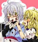  blonde_hair blush chocolate chocolate_on_face couple food food_on_face glasses hetero kirisame_marisa long_hair morichika_rinnosuke ono_mochiko open_mouth short_hair silver_hair simple_background touhou valentine yellow_eyes 