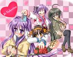  black_legwear blush bow bread clannad closed_eyes food fujibayashi_kyou gift heart hiiragi_kagami hiiragi_tomoka hikarizaka_private_high_school_uniform kita_high_school_uniform long_hair lucky_star melon_bread mouth_hold multiple_girls no_pupils open_mouth purple_eyes purple_hair ribbon ryouou_school_uniform school_uniform serafuku shakugan_no_shana shana shoes suzumiya_haruhi suzumiya_haruhi_no_yuuutsu thighhighs tsundere valentine very_long_hair 