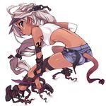  ahoge bandages belt blue_eyes breasts dark_skin demon_girl denim denim_shorts fylfot heisa horns knife long_hair medium_breasts original ponytail shorts silver_hair simple_background solo tail underboob 