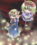  alice_margatroid blonde_hair blue_dress bow capelet doll dress dust flying foreshortening full_body glowing hair_bow hairband light_rays long_sleeves looking_at_viewer magic miwa_maku red_bow shanghai_doll short_hair solo standing touhou 