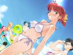  beach bikini blush breasts covered_nipples day dutch_angle game_cg hayase_mina jpeg_artifacts kiriyama_taichi medium_breasts multiple_girls outdoors red_hair ribbon sexfriend side-tie_bikini solo_focus swimsuit 