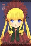  bangs blonde_hair blue_eyes blunt_bangs bow bowtie dress drill_hair frills green_bow green_neckwear hat long_hair looking_at_viewer mame_usagi poncho red_dress red_hat rozen_maiden shinku sidelocks solo twin_drills twintails 