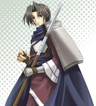  armor benawi black_hair black_legwear blue_eyes breastplate cape coupytwo fingerless_gloves gloves looking_at_viewer male_focus shoulder_pads solo tunic upper_body utawareru_mono 