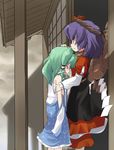  blush comforting green_hair hair_ornament kochiya_sanae leaf_hair_ornament mamo_williams multiple_girls petting profile purple_hair rope shimenawa standing tears touhou veranda yasaka_kanako 