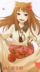  animal_ears apple ayakura_juu brown_hair flower food fruit hair_flower hair_ornament hibiscus holo long_hair open_mouth pouch red_eyes skirt_basket smile solo spice_and_wolf wolf_ears 