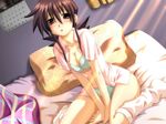  azuchi_ryou bed between_thighs blush bra breast_squeeze breasts brown_eyes brown_hair calendar_(object) dutch_angle fukushuu_~ryoujoku_no_yaiba~ game_cg lens_flare light_rays lingerie loose_socks medium_breasts nightshirt open_clothes open_shirt panties pillow shirt sitting socks solo sunbeam sunlight underwear v_arms 