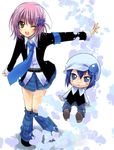  alternate_color blue_eyes blue_hair chibi guardian_chara hair_ornament hairclip hat hinamori_amu leg_warmers miki_(shugo_chara!) multiple_girls necktie pink_hair school_uniform shugo_chara! skirt triangle_mouth yukian 