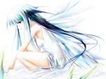  aqua_eyes dress from_side grass green_eyes highres long_hair saya saya_no_uta simple_background sleeveless solo spiral_(senra_garou) very_long_hair wading water white_background white_dress wings 