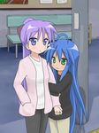  ahoge banned_artist blue_hair hiiragi_kagami izumi_konata kagamin_bocchi long_hair lucky_star mole mole_under_eye mountain_pukuichi multiple_girls purple_hair 