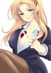  between_breasts blonde_hair breasts cleavage copyright_request gift_between_breasts hair_ornament hairclip large_breasts open_clothes open_shirt pantyhose sakurai_unan shirt solo valentine 