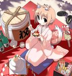  alcohol animal_ears copyright_request eating food fox_ears hiide japanese_clothes kimono mochi sake sandals solo tail wagashi 