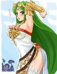  armor armpits blush breasts crown dress eggplant eggplant_wizard green_eyes green_hair hat jewelry kid_icarus kid_icarus_uprising konpeto large_breasts long_hair lowres palutena pendant single_thighhigh thighhighs translated very_long_hair 