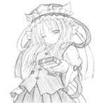  box buttons eyebrows_visible_through_hair gift gift_box greyscale hat long_hair long_sleeves looking_at_viewer monochrome one_eye_closed ribbon shiki_eiki sidelocks simple_background skirt solo touhou vest white_background wide_sleeves 