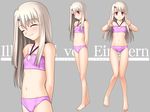  :3 :| ^_^ albino arms_behind_back bangs barefoot bikini blush breasts character_name clenched_hands closed_eyes closed_mouth collarbone cowboy_shot embarrassed english fate/hollow_ataraxia fate/stay_night fate_(series) feet from_side full_body grey_background halterneck happy illyasviel_von_einzbern knees_together_feet_apart legs legs_together long_hair long_legs looking_away looking_down multiple_views navel official_art purple_bikini red_eyes simple_background small_breasts smile standing swimsuit takeuchi_takashi thigh_gap v-shaped_eyebrows white_hair 