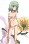  bra breasts flower green_hair kazami_yuuka lace lace-trimmed_bra lace-trimmed_panties lingerie panties red_eyes ribs skinny small_breasts smile solo standing stomach sunflower touhou underwear underwear_only yohane 