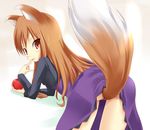 animal_ears apple ass bent_over cosplay darker_than_black dress food fruit holding holding_food holding_fruit holo kuro_(be_ok) long_hair no_panties purple_dress skirt skirt_lift solo spice_and_wolf tail wolf_ears yin yin_(cosplay) 