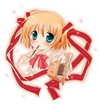  bow food kamikita_komari little_busters! lowres pink_bow pocky solo 