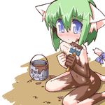  animal_ears artist_request bodypaint chocolate copyright_request food_as_clothes green_hair lowres naked_paint nude oekaki solo tail 