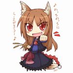  animal_ears brown_hair chibi fang holo long_hair red_eyes red_hair reku solo spice_and_wolf tail translated wheat wolf_ears 