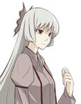  bangs clenched_hand closed_mouth collared_shirt expressionless fujiwara_no_mokou grey_shirt kajiki long_sleeves lowres red_eyes shirt silver_hair simple_background solo suspenders touhou upper_body white_background 