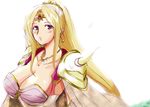  armor blonde_hair blue_eyes blush breast_hold breasts cape circlet cleavage crossed_arms earrings final_fantasy final_fantasy_iv horns huge_breasts jewelry long_hair necklace rosa_farrell shoulder_pads solo yasakani_an 