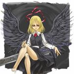  black_wings blonde_hair cervus crossed_legs ex-rumia huge_weapon red_eyes ribbon rumia sitting solo stormbringer sword touhou weapon wings 