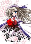  blue_eyes bow cape food hat little_busters! long_hair mouth_hold noumi_kudryavka pink_bow pocky silver_hair solo thighhighs umesato_yukino 