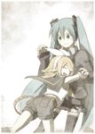  aqua_hair bad_id bad_pixiv_id closed_eyes hatsune_miku hug kagamine_rin long_hair multiple_girls smile thighhighs tsukuba_masahiro very_long_hair vocaloid 