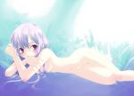  artist_request blush breasts copyright_request hair_over_breasts legs_folded long_hair lying nude on_side purple_eyes silver_hair small_breasts solo steam 