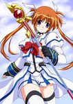  cloud kirisawa_tokito left-handed lyrical_nanoha magical_girl mahou_shoujo_lyrical_nanoha_strikers raising_heart solo takamachi_nanoha thighhighs twintails zettai_ryouiki 