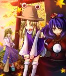  banned_artist hair_ornament hat kochiya_sanae leaf_hair_ornament moriya_suwako multiple_girls skirt skirt_lift suisen touhou yasaka_kanako 