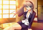  artist_request breasts clannad cleavage formal glasses jacket large_breasts pencil_skirt sakagami_tomoyo sitting skirt skirt_suit solo suit sunset 