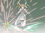  blue_eyes bow bowtie dress fingerless_gloves gloves long_sleeves looking_at_viewer lyrical_nanoha magazine_(weapon) magical_girl mahou_shoujo_lyrical_nanoha_strikers raising_heart red_bow red_hair red_neckwear shoes solo takamachi_nanoha thighhighs twintails white_dress white_legwear winged_shoes wings zettai_ryouiki 