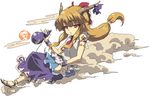  alcohol armlet bangs blonde_hair blunt_bangs bow eyebrows_visible_through_hair frilled_bow frills full_body gourd hair_bow hino_hikaru horn_bow horn_ornament ibuki_suika long_hair looking_at_viewer low-tied_long_hair necktie oekaki red_bow red_eyes red_neckwear ribbon-trimmed_skirt ribbon_trim rope sake sandals sleeveless smoke solo tassel tattoo touhou wrist_cuffs yellow_eyes 