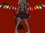  ascot collar crazy_eyes crystal evil_smile flandre_scarlet frills holding holding_weapon looking_at_viewer oekaki pigeon-toed polearm puffy_short_sleeves puffy_sleeves rainbow_order red_background red_eyes short_sleeves simple_background smile socks solo spear touhou weapon white_legwear wings 