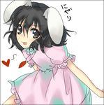  :p closed_mouth dress hesrt inaba_tewi looking_at_viewer pink_dress puffy_short_sleeves puffy_sleeves shingetsu_takehito short_sleeves simple_background smile solo tongue tongue_out touhou white_background 