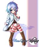  blue_hair boots box original sho_(runatic_moon) short_hair sitting solo striped striped_legwear thighhighs 